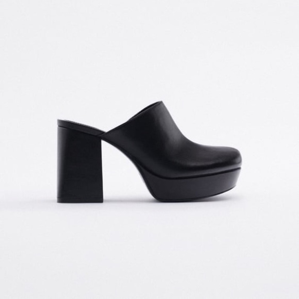Zara Black Leather Platform Mule Clogs